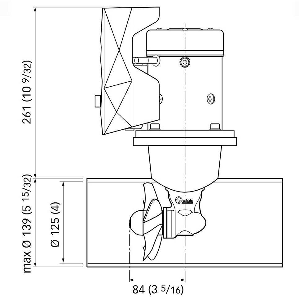 Комплект подруливающего устройства Quick , 1,5 кВт, 30 кгс, 12 В, 125 мм (включает джойстик TCD2042, 6-метровый кабель, тоннель 125х750 мм)