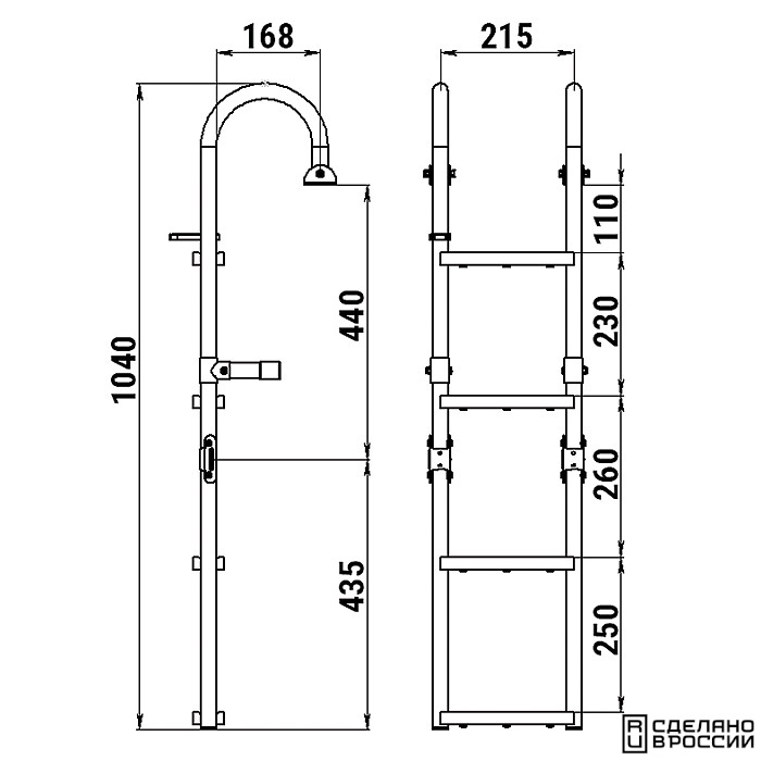 Трап складной с горизонтальным креплением, 4 ступени ироко (ширина 215мм.)